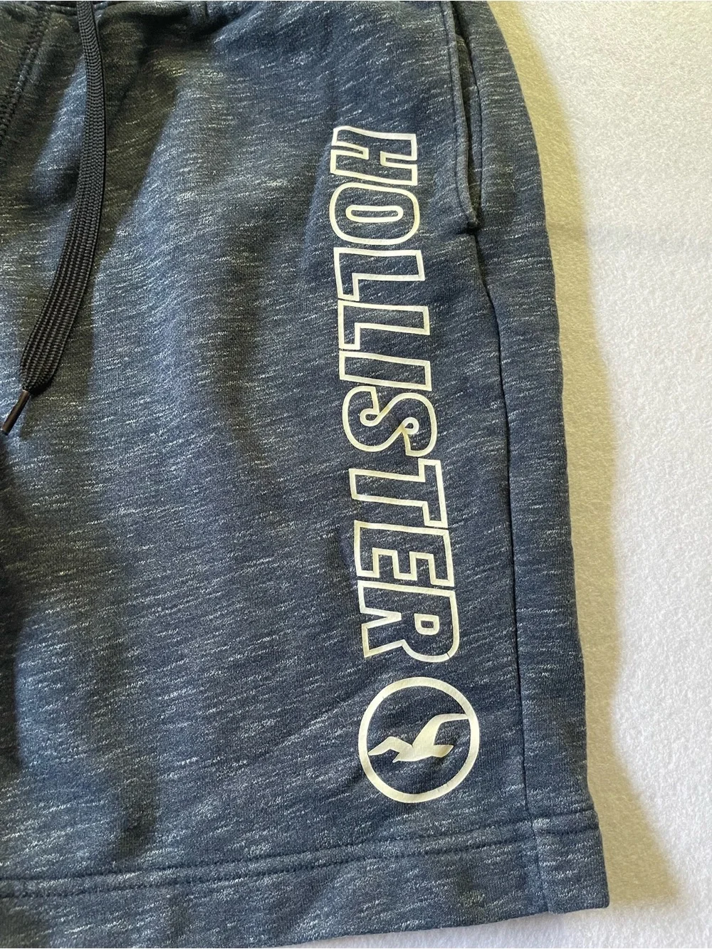 Hollister Men's Heather Navy Drawstring Logo Shorts